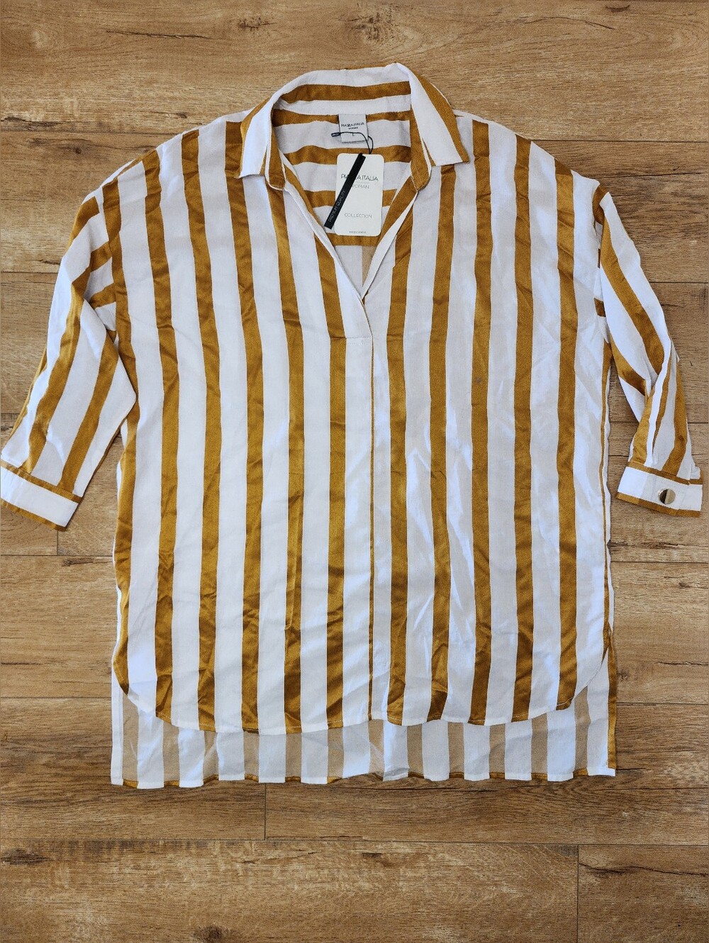 NWT Piazza Italia Womens L White Mustard Striped 1/4 Button Tunic Blouse Relaxed